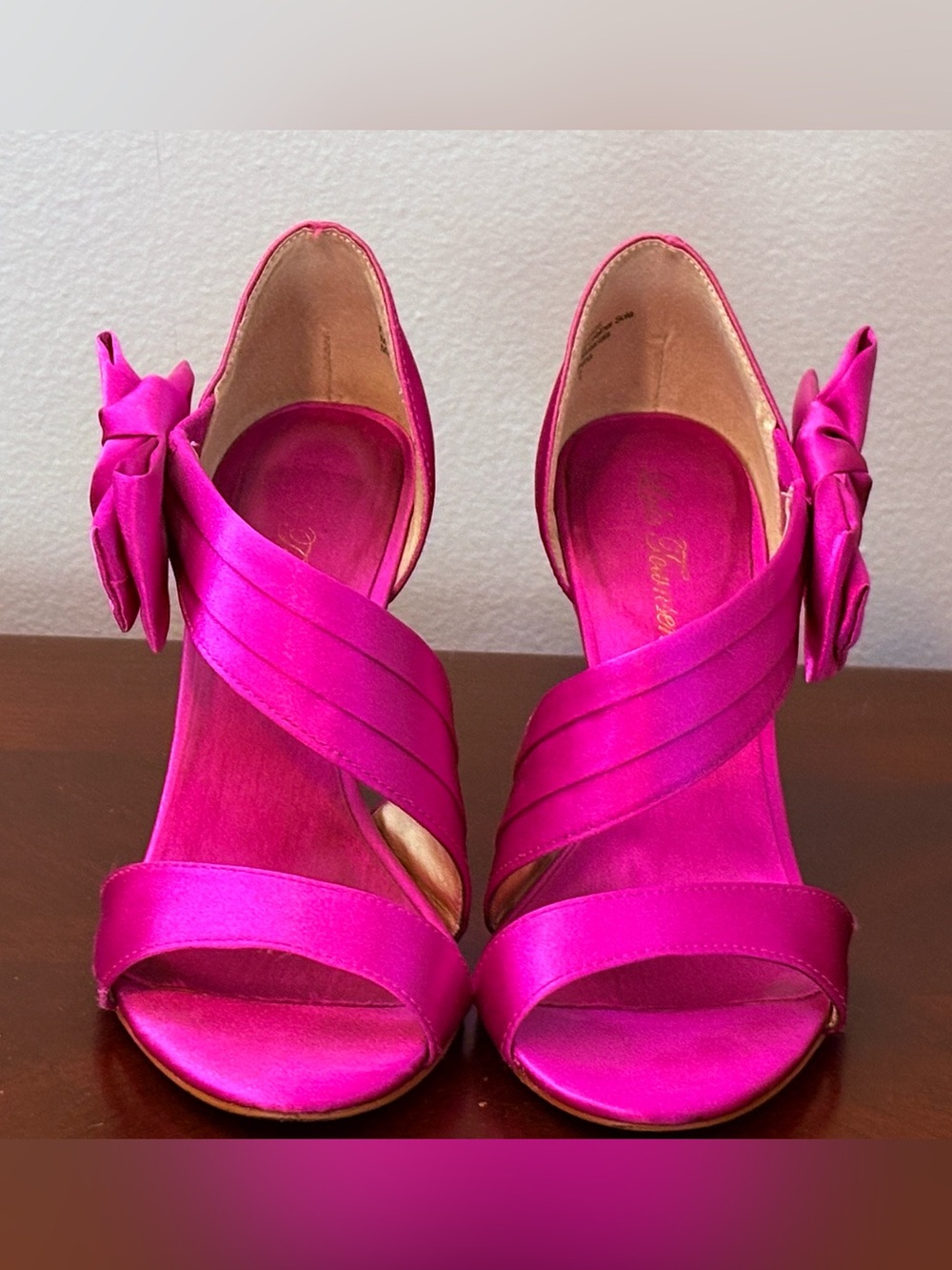 Fuchsia Satin Open-Toe Heels with Decorative Bow